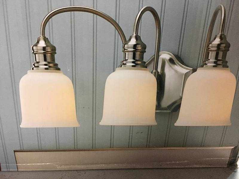 Home Decorators 3-Light Satin Nickel Vanity Light with Frosted White Glass in good conditions