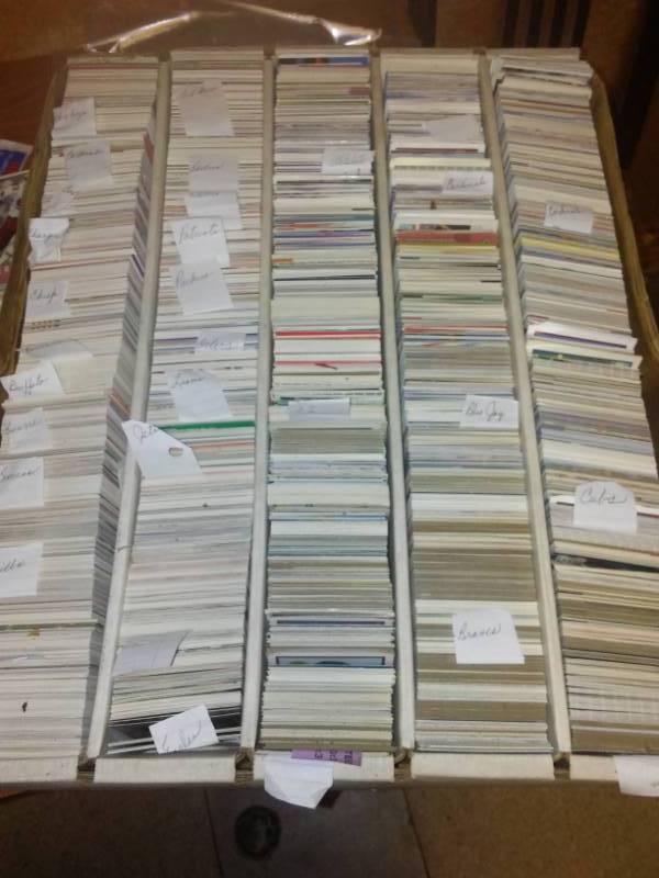 5000 card box 18 in x 5 Rows, 3 rows Baseball by team, 2 rows football by team