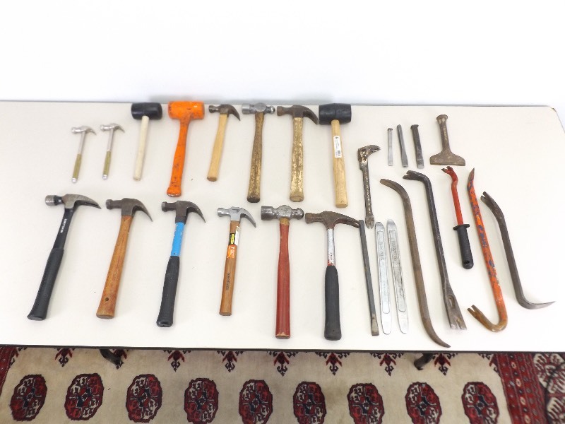 lot 43 image: Large Lot of Hammers, Mallets, Pry Bars, etc.