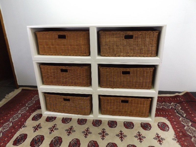 lot 9 image: 3 Pottery Barn Storage BenchesStackable Shelves