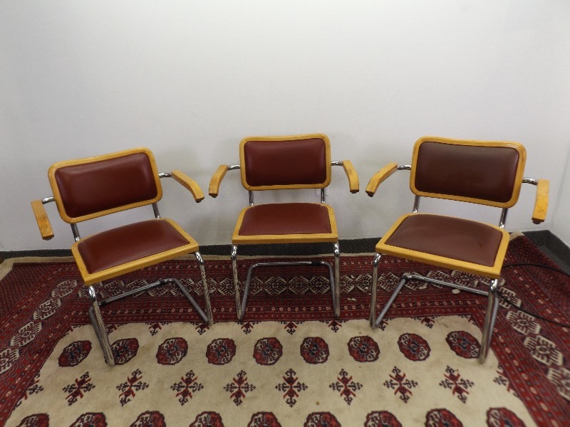 lot 21 image: 3 Mid Century Padded Wood and Metal Chairs