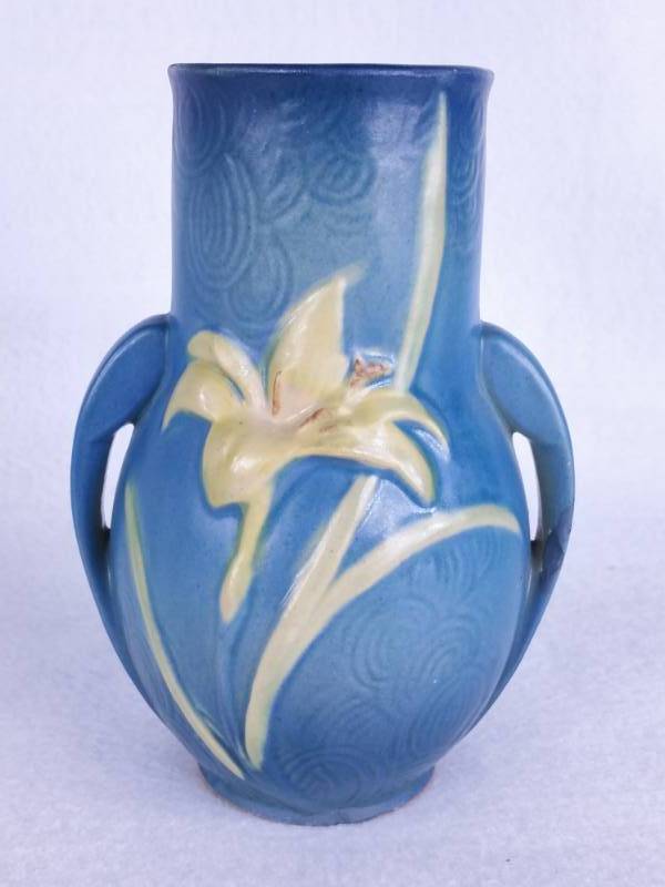 Roseville Pottery Blue Zephyr Lily Double Handled Vase 130 6