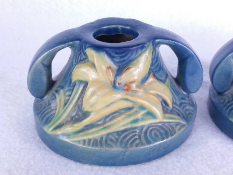 lot 14 image: (2) Roseville Pottery Blue Zephyr Lily Candle Holders 1162-2