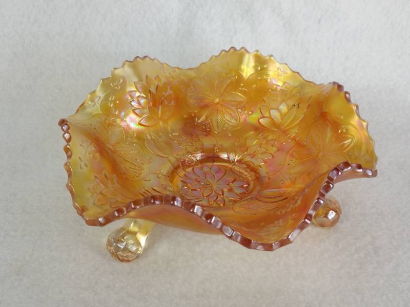 lot 37 image: Gorgeous Carnival Glass Three Footed Dish, Marigold, Exceptional Pattern