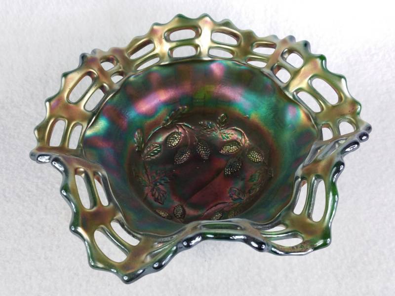 lot 45 image: Carnival Glass Dish Amethyst Basket Weave Pieced on Green Glass