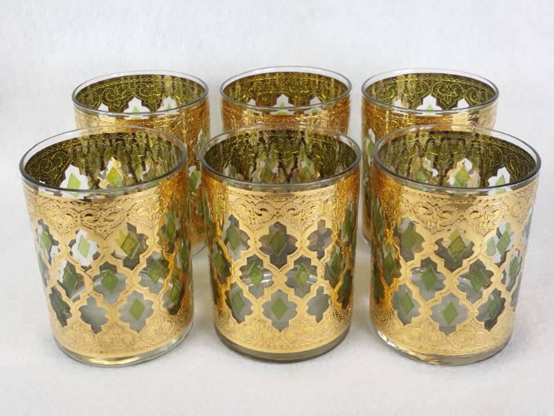 lot 50 image: (6) Culver Valencia Gold and Green Mid Century Modern Barware Glasses