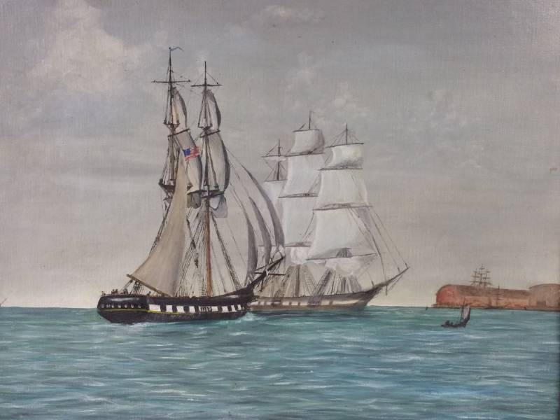lot 57 image: Antique Sailing Ships Painting Oil on Board