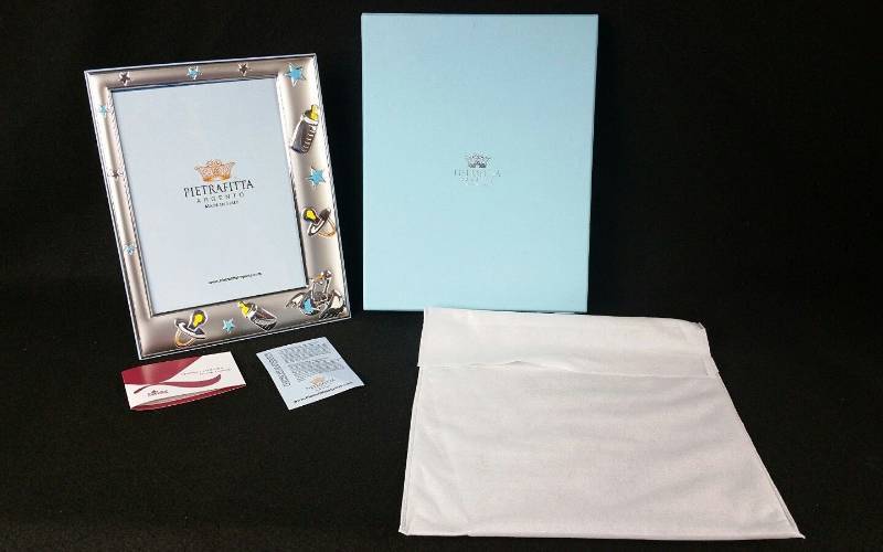 lot 84 image: Pietrafitta Italian Designer Stork Silver 5x7 Picture Frame for Baby Boy - NIB