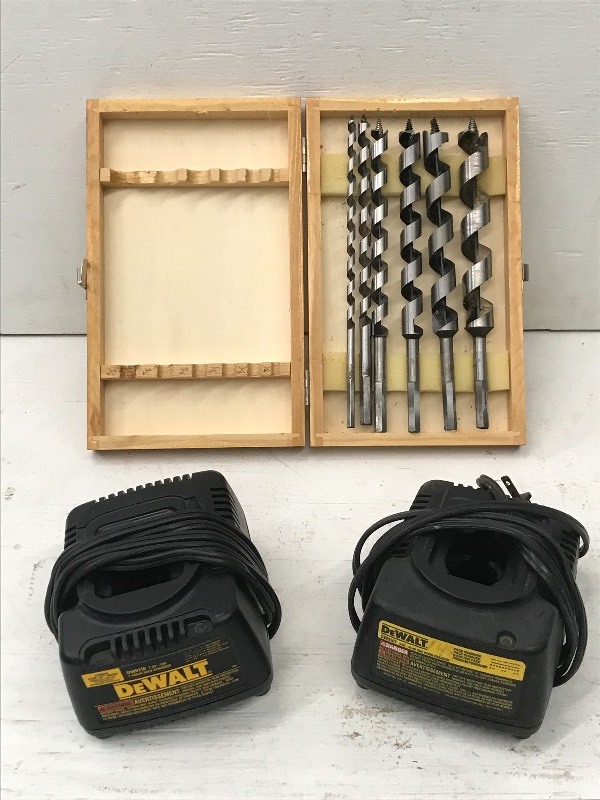 lot 20 image: (2) DeWalt Chargers & Auger Bit Set