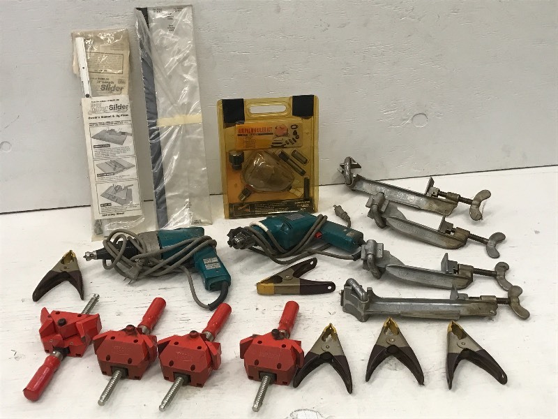 lot 35 image: Woodworking Clamps, Palm Nailer, Drills, Etc