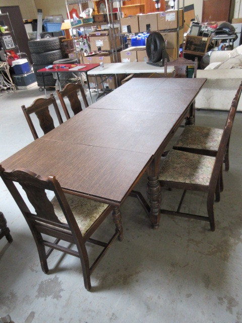 lot 101 image: DINNING TABLE AND SIX CHAIRS