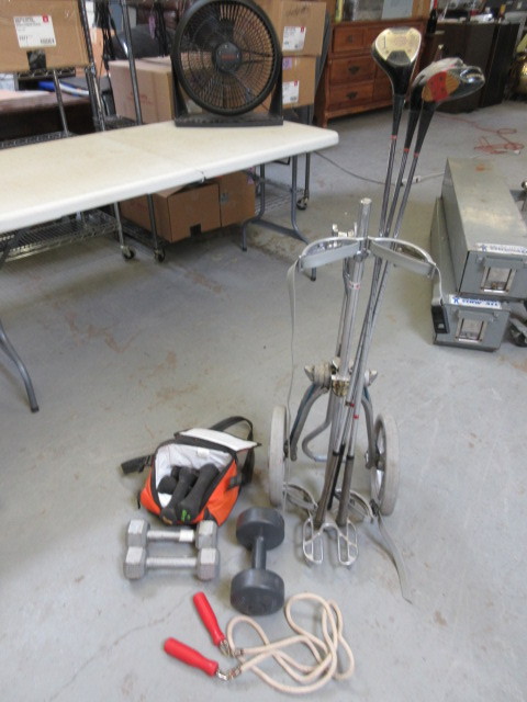 lot 132 image: GOLF CART, WOODS, WEIGHTS & MORE