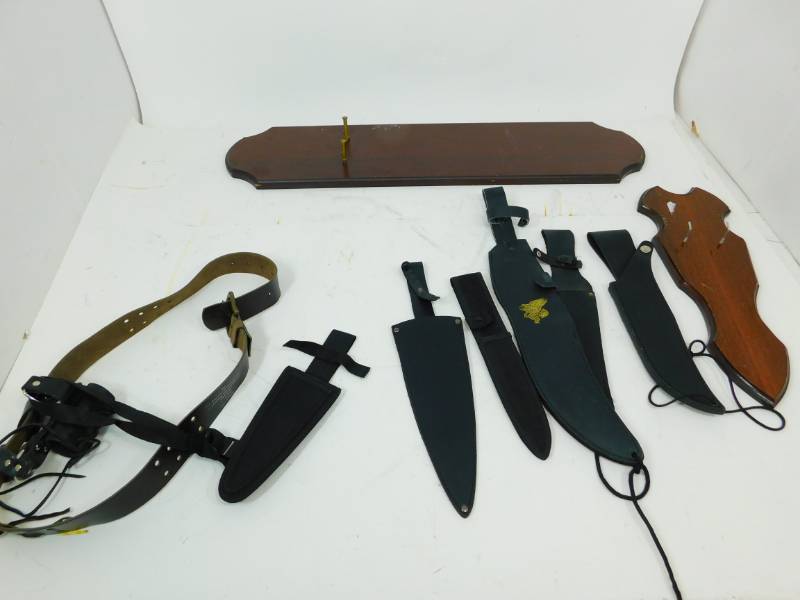 lot 45 image: Five Sheaths ---Holster To Carry Sword Or Sabre---Two Wooden Wall Displays