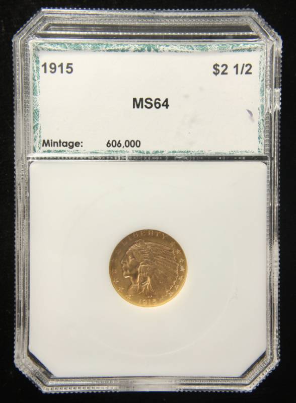 lot 01 image: 1915 US $2.50 GOLD INDIAN MS64 PCI