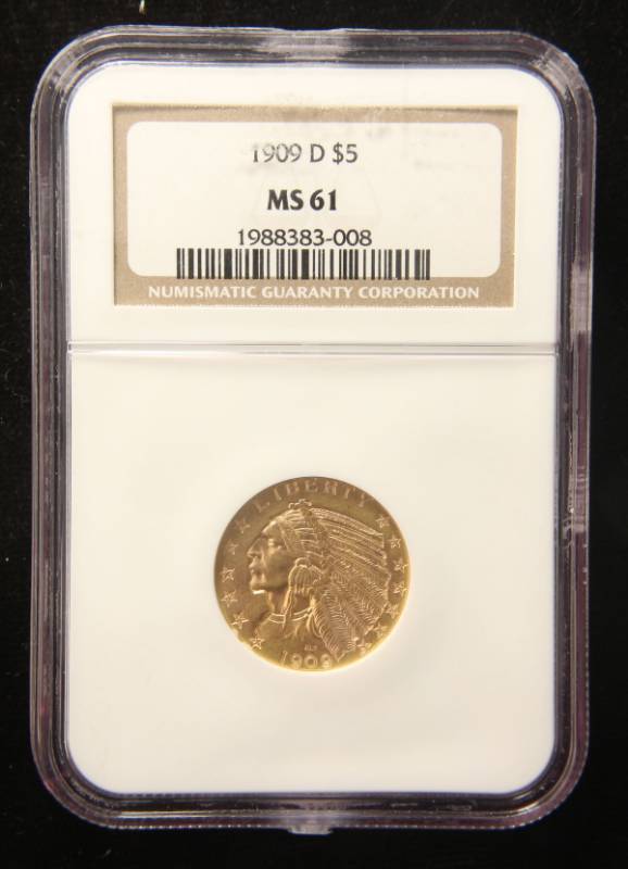 lot 13 image: 1909-D US $5 GOLD INDIAN MS61 NGC