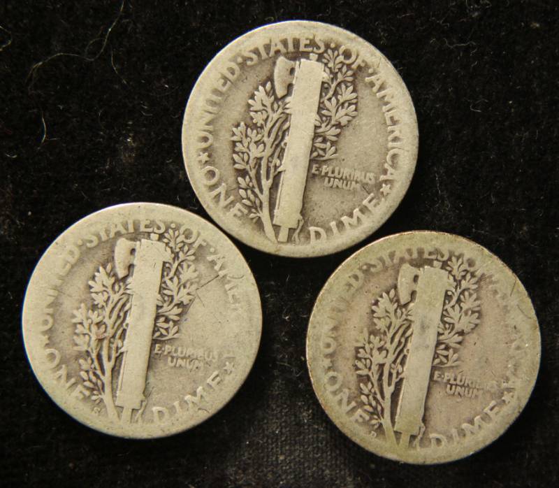 lot 17 image: 3 EARLY DATE MERCURY DIMES 1917-S, 1918, 1918-D