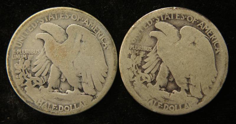 lot 25 image: 2 EARLY DATE WALKING LIBERTY HALF DOLLARS 1917-D (REV) & 1918-S