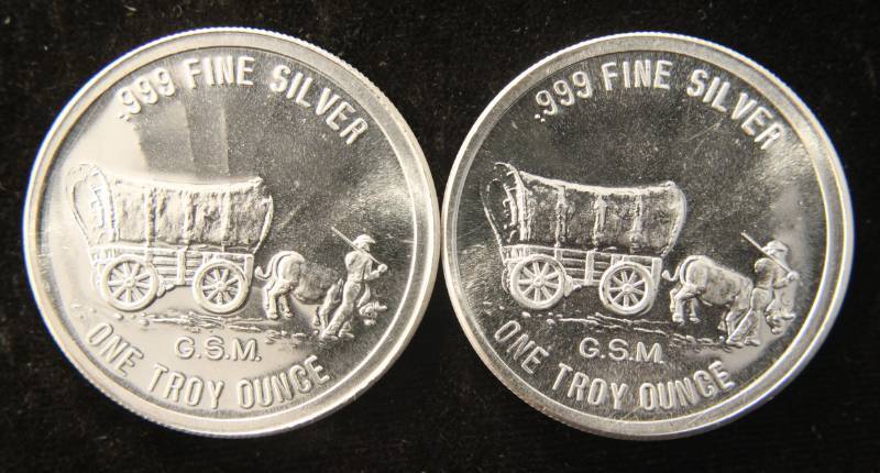 lot 27 image: 2 TROY OZ. (2 X 1oz) .999 FINE SILVER PROSPECTOR-COVERED WAGON ROUNDS