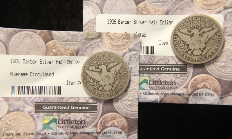 lot 42 image: (2) BARBER SILVER HALF DOLLARS 1901, 1906 LITTLETON