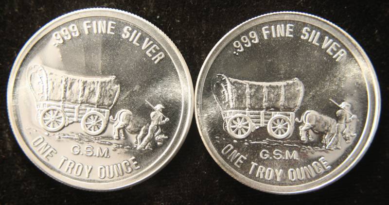lot 47 image: 2 TROY OZ. (2 X 1oz) .999 FINE SILVER PROSPECTOR-COVERED WAGON ROUNDS