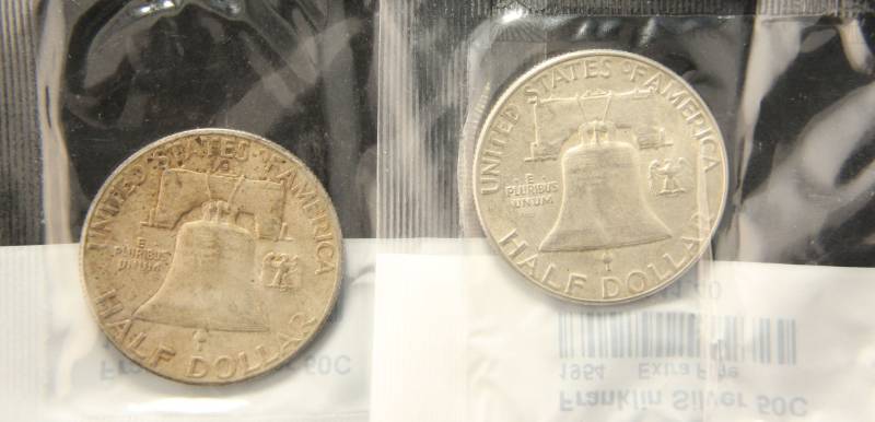 lot 48 image: (2) FRANKLIN SILVER HALF DOLLARS 1949-S, 1954 BOTH XF SEALED LITTLETON