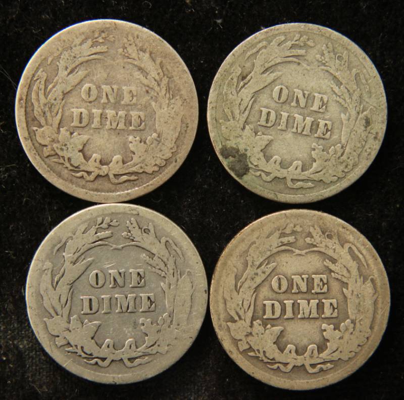 lot 62 image: 4 SILVER BARBER DIMES 1897 1907 1911 1912