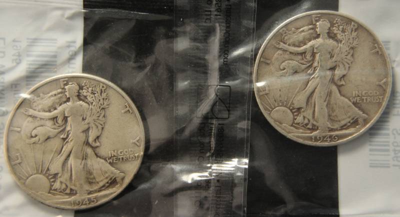 lot 64 image: 2 WALKING LIBERTY HALF DOLLARS 1945 & 1946-S SEALED LITTLETON