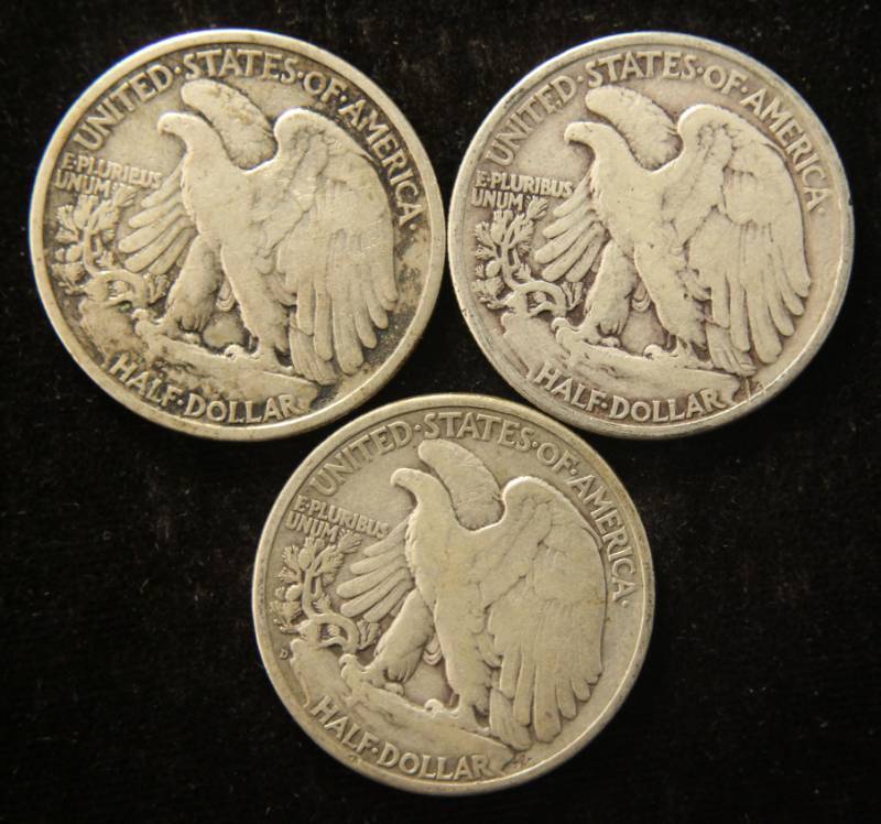 lot 75 image: 3 WALKING LIBERTY SILVER HALF DOLLARS 1936 1937 1941-D