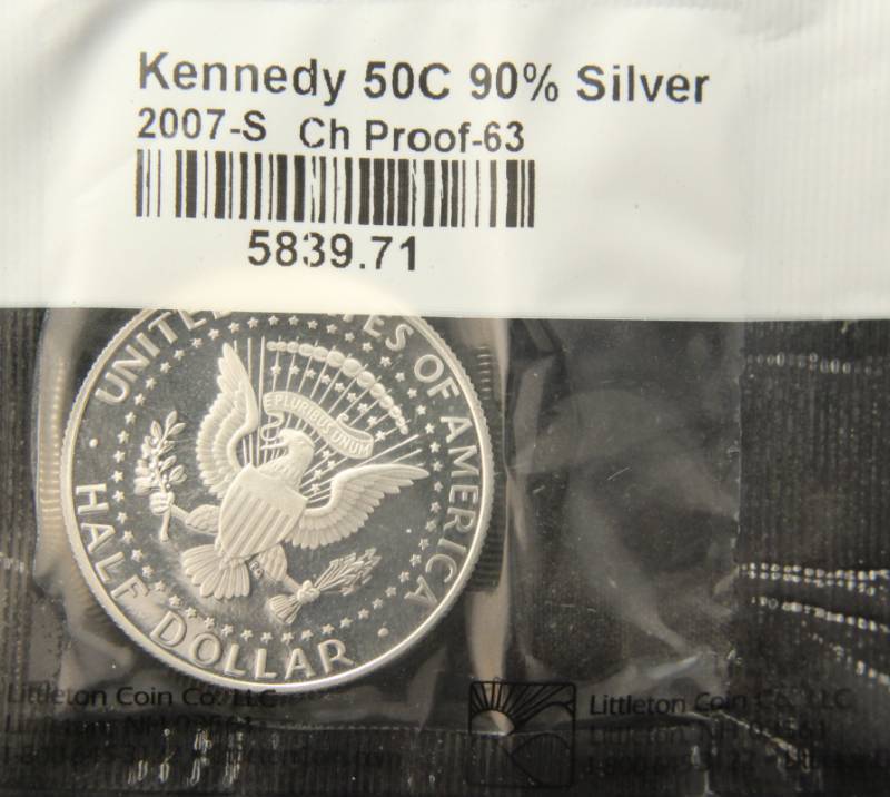 lot 82 image: 2007-S PROOF 90% SILVER KENNEDY HALF DOLLAR SEALED LITTLETON PKG
