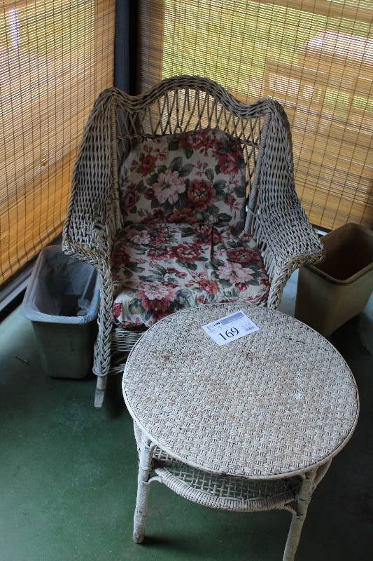 lot 169 image: Wicker Rocking Chair w Floral Pad, Wicker Side Table
