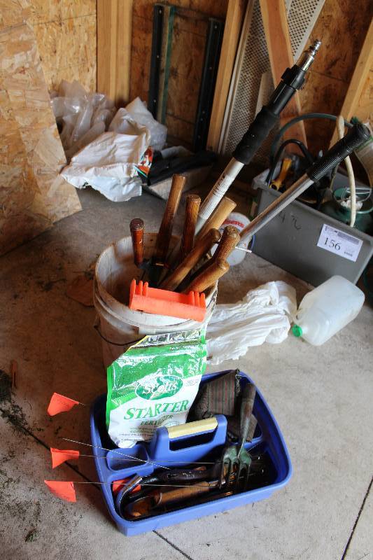 lot 157 image: Yard Tools - Hand Shovels, Gloves, Trowels, Fertilizer, Yard Stakes, And More