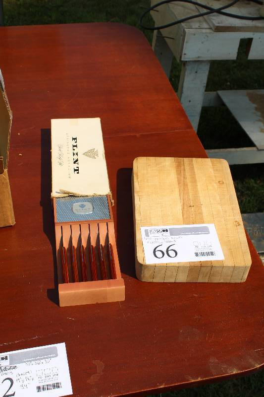 lot 66 image: Flint 6-Piece Stainless Steel Knife Set w Case, Cutting Board