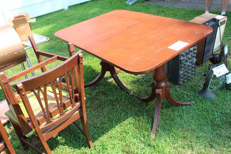lot 32 image: Wood Dining Table, 8-Padded Wood Chairs