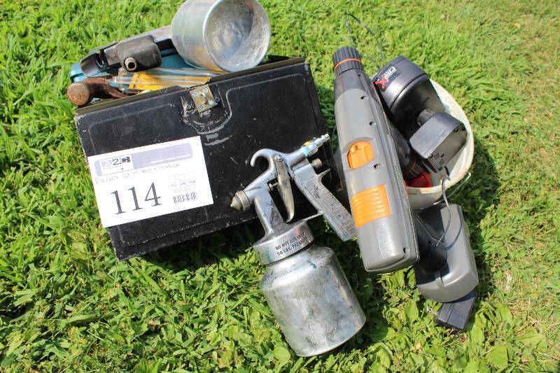 lot 114 image: Tools, Hardware - Paint Sprayer, 18V Dual Head Cordless Drill w Battery & Charger, Hammer, Open End Wrench Set
