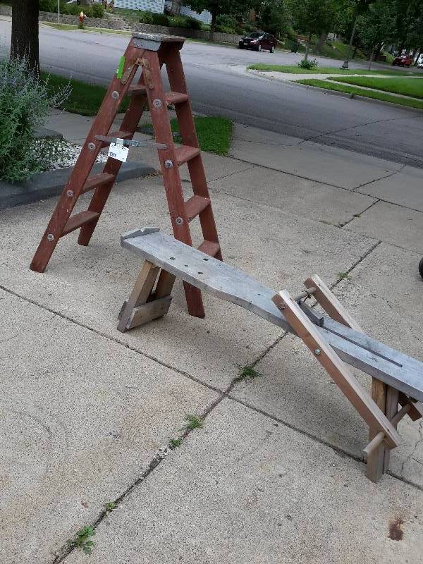 lot 28 image: 1 Wooden Ladder, 1 Antique Wood Carving Bench