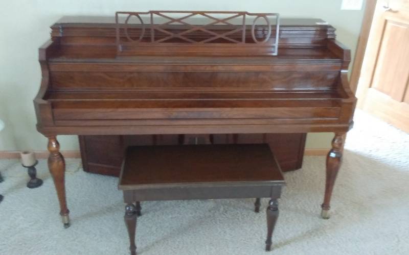 lot 2 image: Haddorff Vertichord Spinet Piano With Bench Full Of Sheet Music
