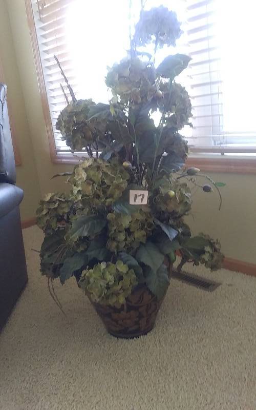 lot 17 image: Faux Hydrangea Arrangement (4-Foot Tall) In Heavy Ceramic Pot