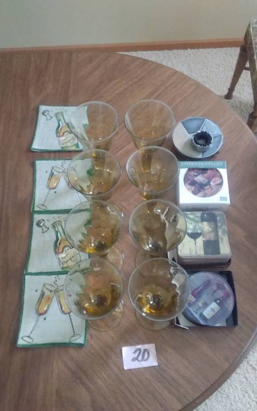 lot 20 image: 8-Amber Glass Goblets, Assorted Thirsty Stone Coasters