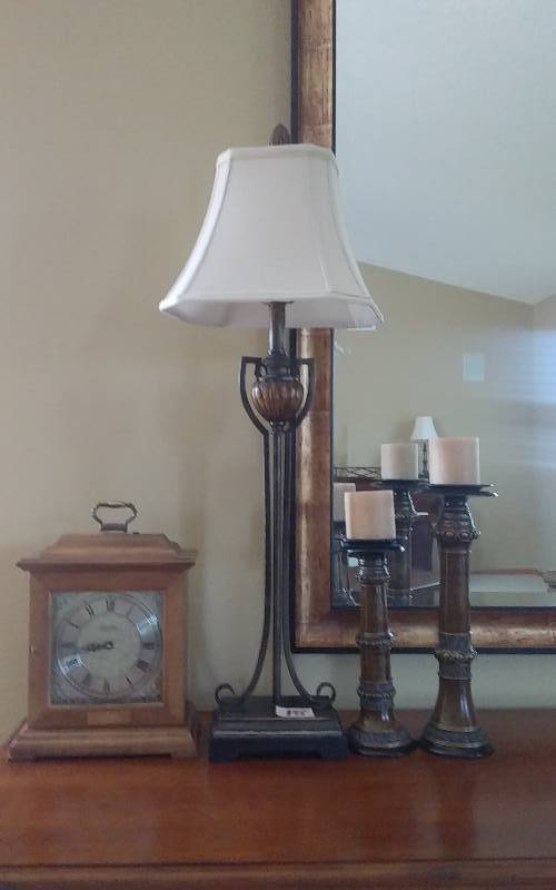 lot 18 image: 36 Decorative Lamp With Shade, Seth Thomas Clock, 2-Pillar Candle Stands