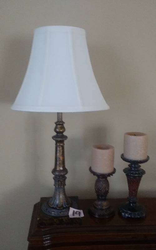lot 19 image: Decorative Lamp With Shade & 2-Pillar Candle Stands