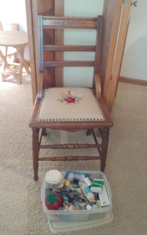 lot 34 image: Vintage Wood Chair With Needlepoint Seat, Bin Of Sewing Notions