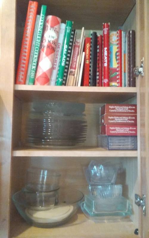 lot 46 image: Contents Of 1-Cupboard Cook Books, Fancy Glass Plates & Bowls, Coasters