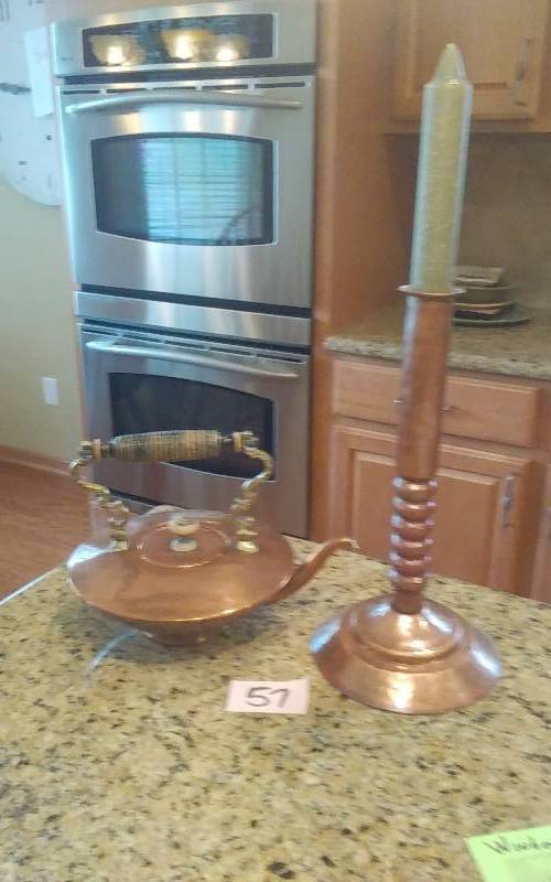 lot 57 image: Decorative Copper Tea Pot & Candle Stick