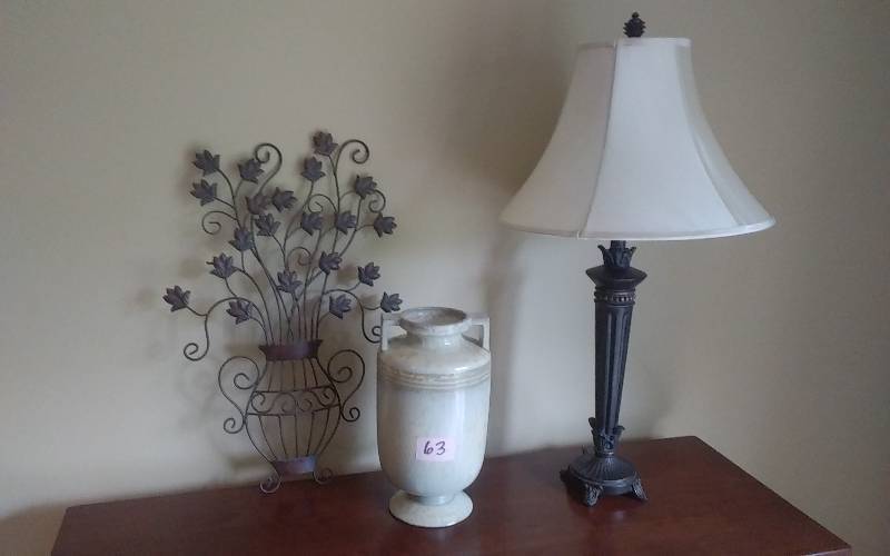 lot 63 image: Decorative Lamp With Shade, Pottery Vase, Metal Wall Sculpture