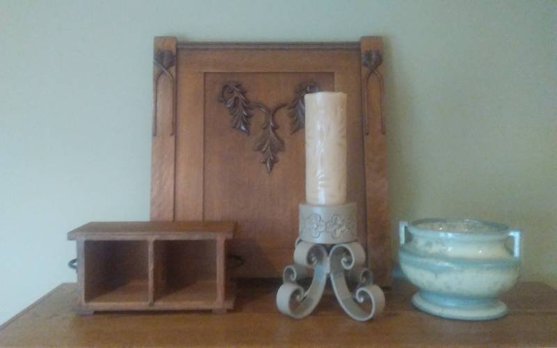 lot 69 image: Vintage Oak Wall Decor, Large Candle Stand, Cache Pot, Wood Storage Box