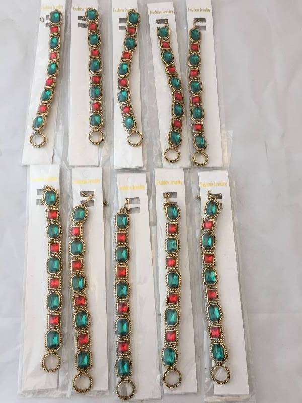 lot 350 image: Bracelets - New in Package - Red & Green Stones Gold Metal