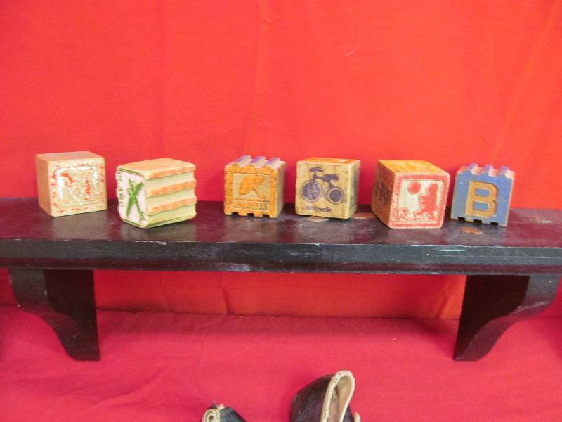 Vintage Wood Blocks, Baby Shoes, 2 - 3x5 Pictures, Wood Shelf