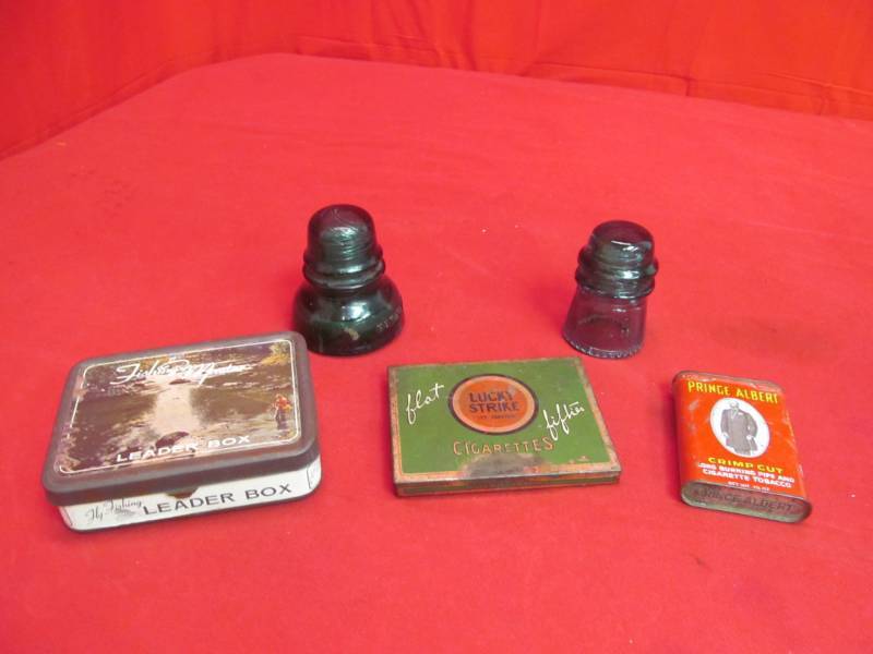 5 Vintage Tobacco Tins & 2 Insulators