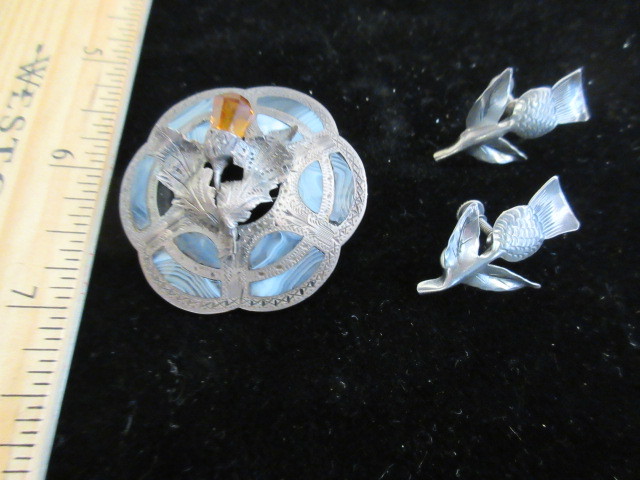 STERLING SCOTTISH THISTLE PIN AND EARRINGS