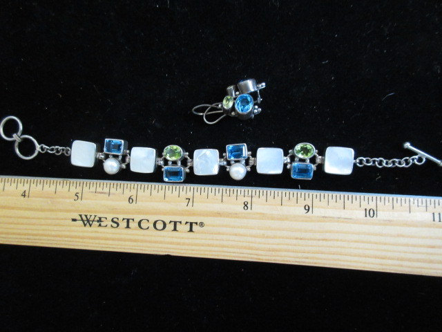 925 BLUE TOPAZ, PERIDOT BRACELET AND EARRINGS